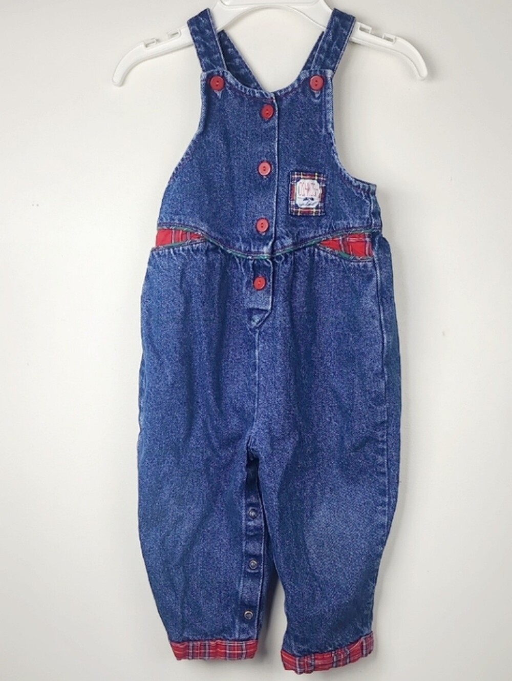 Vtg 90s Oshkosh B'gosh Vestbek Dark Wash Denim Pant Overalls Red Plaid Trim 3T